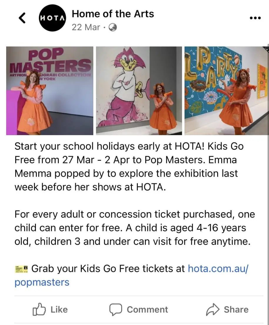 Facebook post by HOTA advertising the exhibition, with Emma Wiggle pictured.